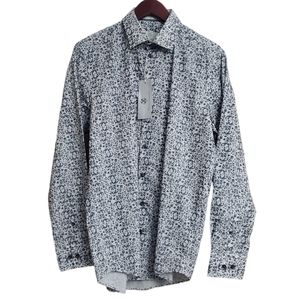 NWT Christian Laceoix Button Down Shirt Blue White Lace Floral Medium 15 1/2